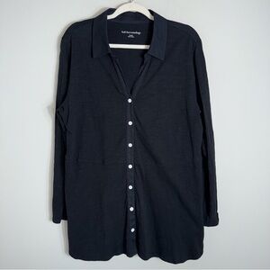 Soft Surroundings Cotton Button Front Tunic Blouse-Black-Long Sleeves-Size XL